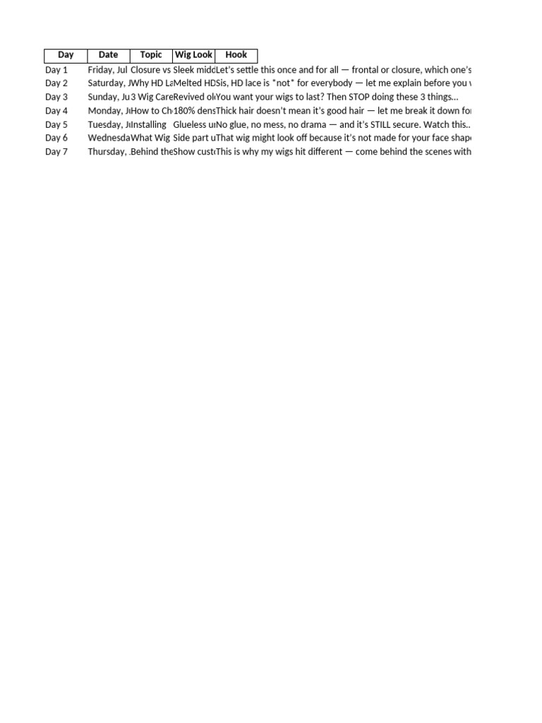 CC Hairs Week 1 Content Calendar | PDF