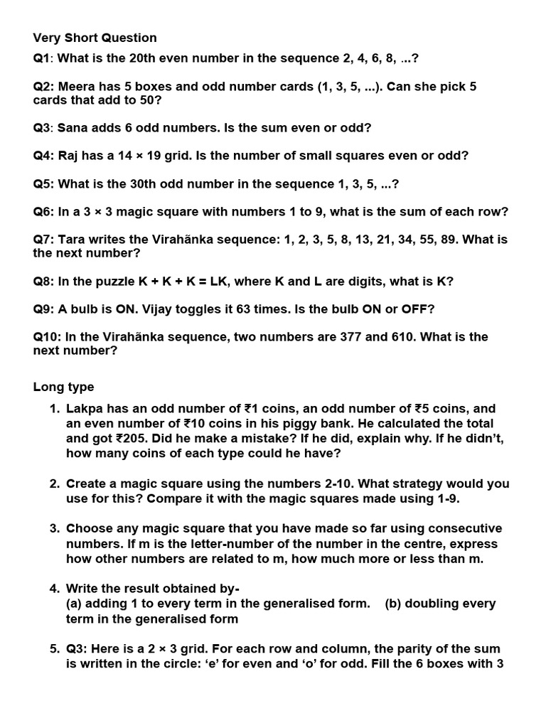 Math Puzzles on Even and Odd Numbers | PDF