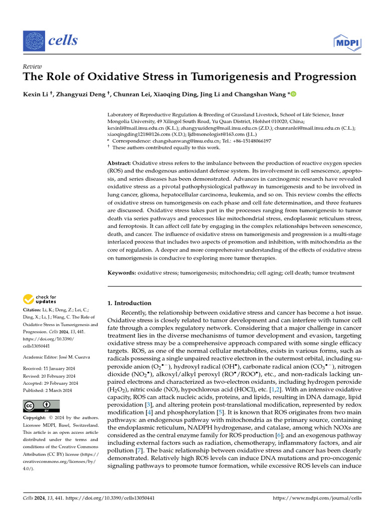 Oxidative Stress in Tumorigenesis Insights | PDF | Reactive Oxygen ...