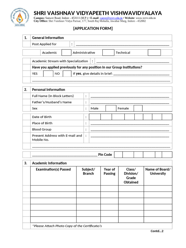 Shri Vaishnav Vidyapeeth Job Application Form | PDF