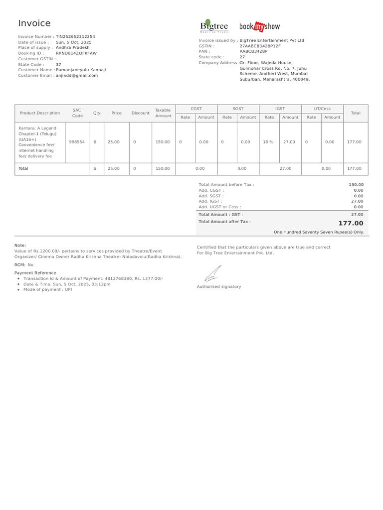 Invoice for Kantara Chapter-1 Purchase | PDF | Invoice | Taxation