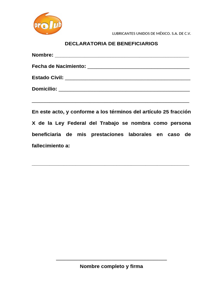 Declaratoria de Beneficiarios Prolub | PDF