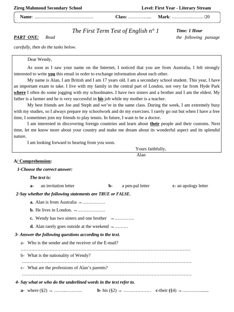 1sd Year 1st Test ^M Correction Done - Lit | PDF