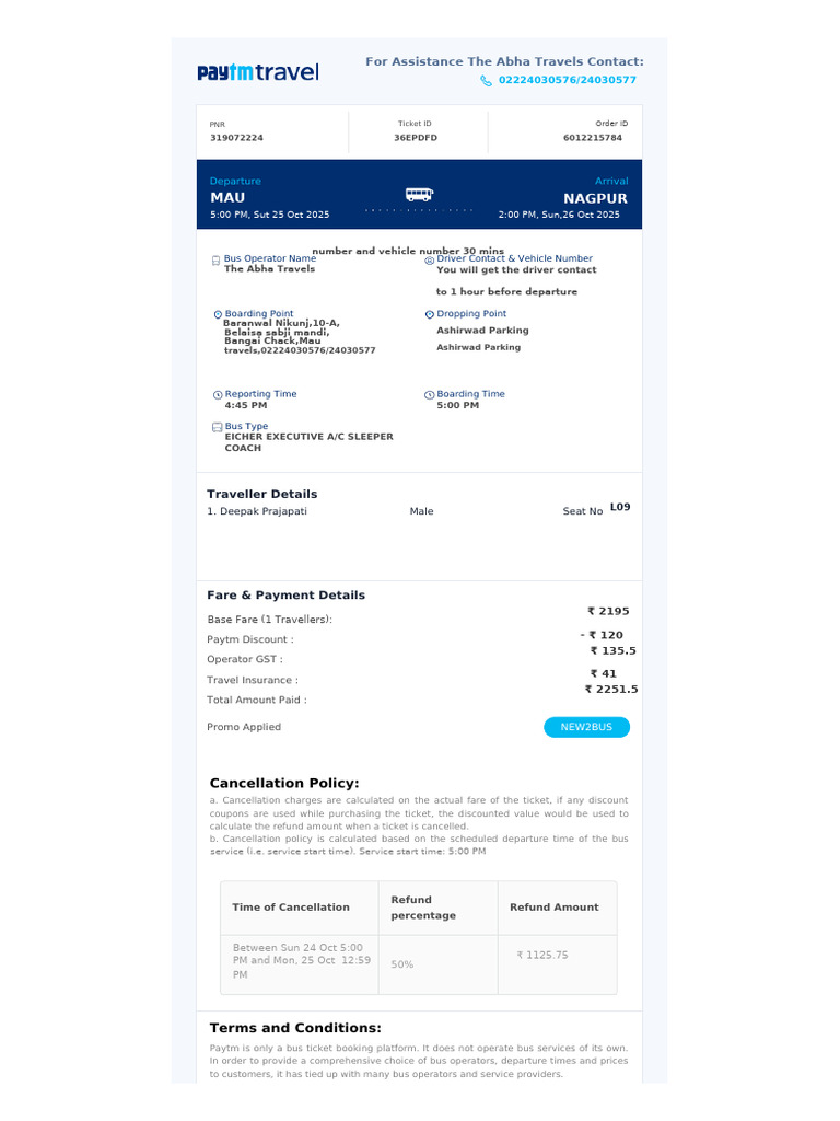 Bus Ticket Booking Details and Policies | PDF | Identity Document | Bus