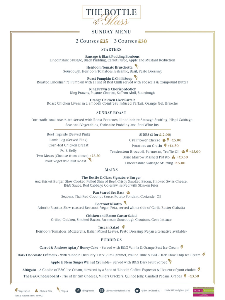 The Bottle Glass Sunday Set Menu Autumn 2023 | PDF | Sausage | Roasting