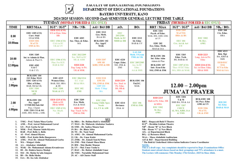 Bayero University 2024/2025 Lecture Timetable | PDF