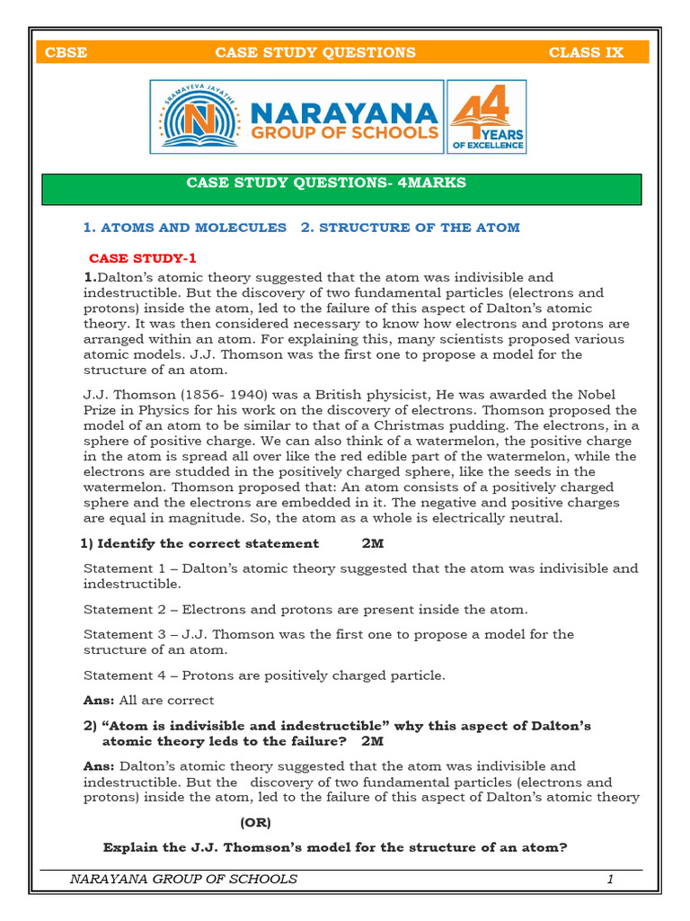 CBSE Class IX Atomic Structure Case Study | PDF | Atomic Nucleus | Atoms