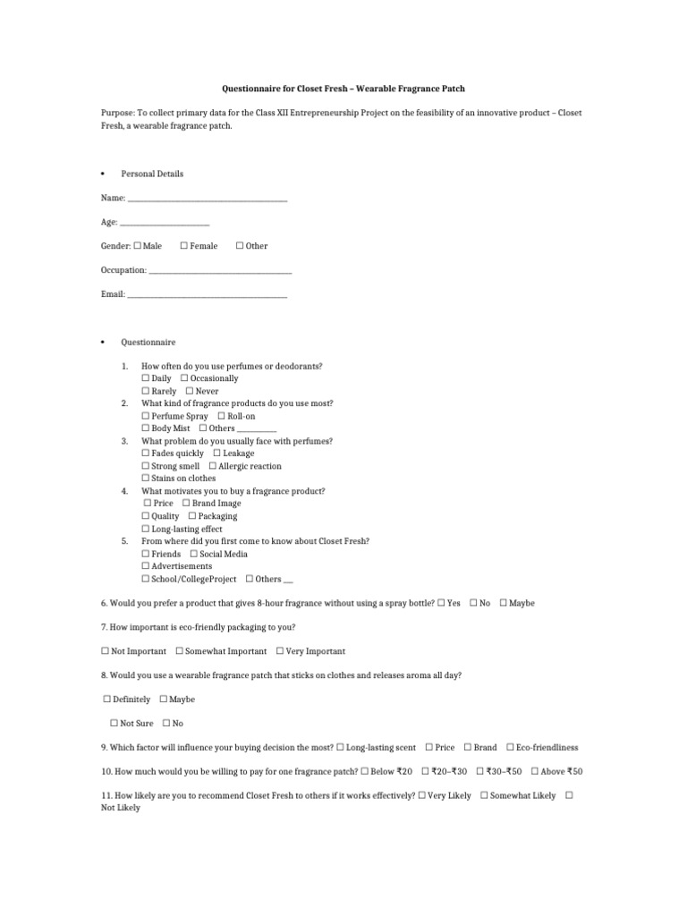 Closet Fresh Questionnaire | PDF