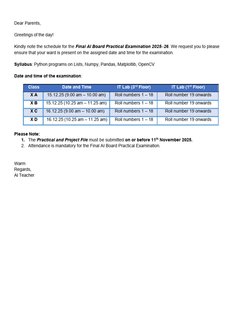 Final AI Board Practical Exam Schedule | PDF