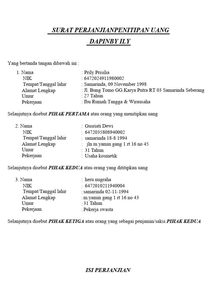 Surat Perjanjian Dapin Uang Titipan | PDF