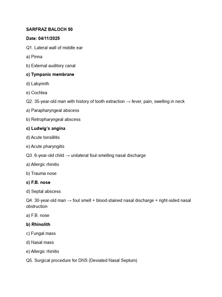 ENT Exam Questions and Answers Guide | PDF | Ear | Larynx