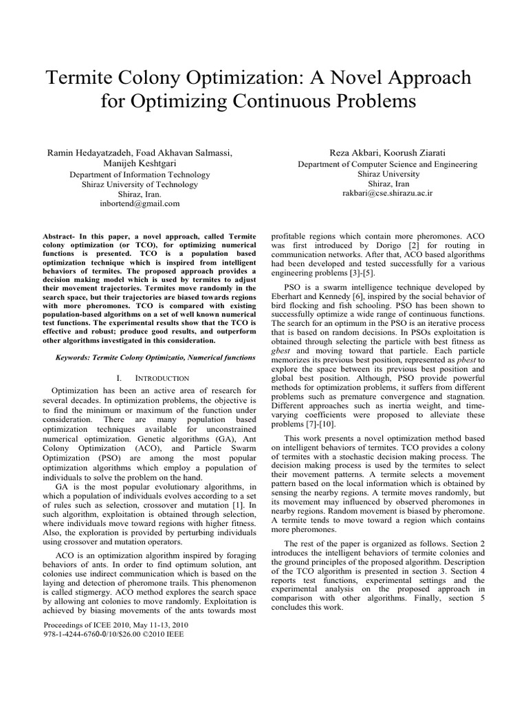 Termite Colony Optimization for Numerical Functions | PDF ...