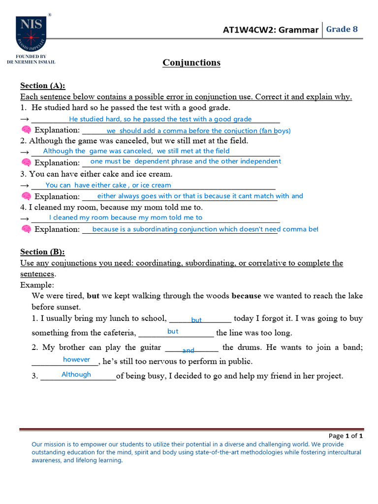 Conjunctions: AT1W4CW2: Grammar | PDF | Syntax | Grammar