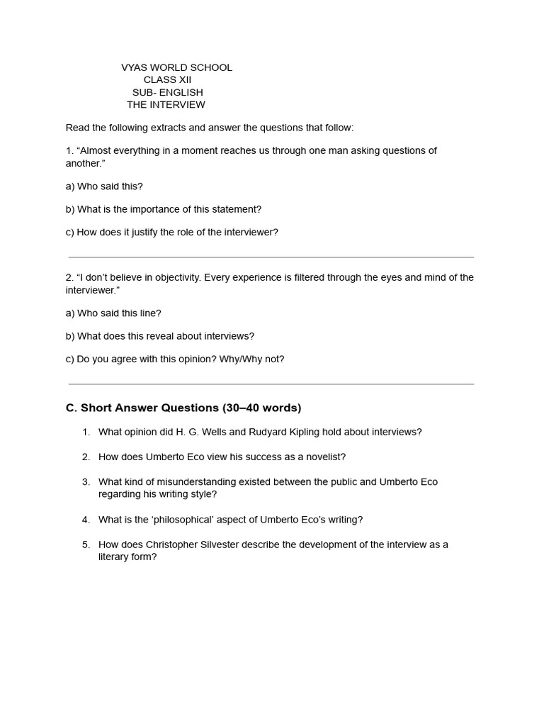 Class XII English: The Interview Analysis | PDF