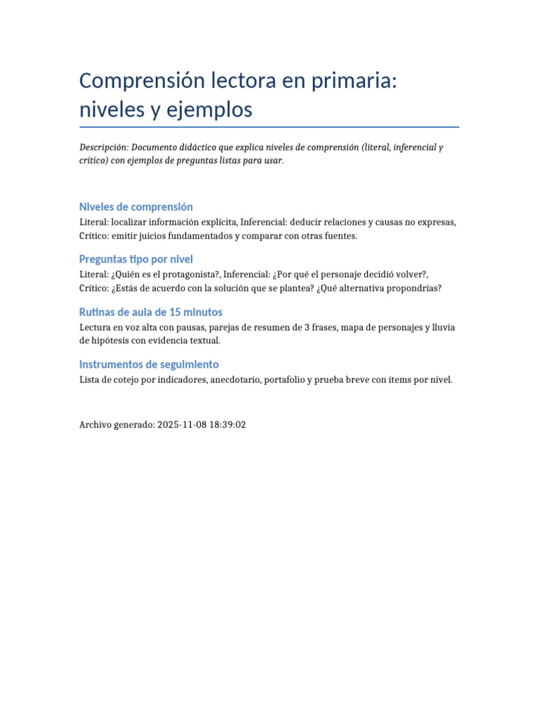 Niveles de Comprensión Lectora en Primaria | PDF