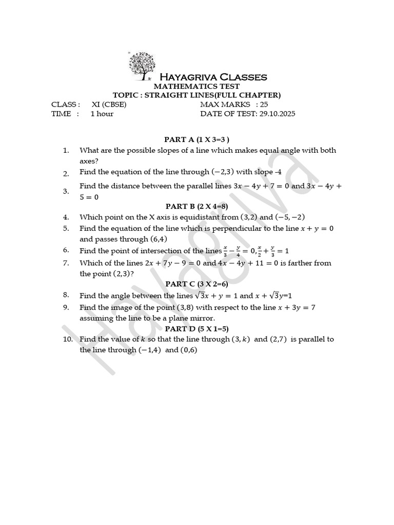 Class XI Mathematics Test: Straight Lines | PDF