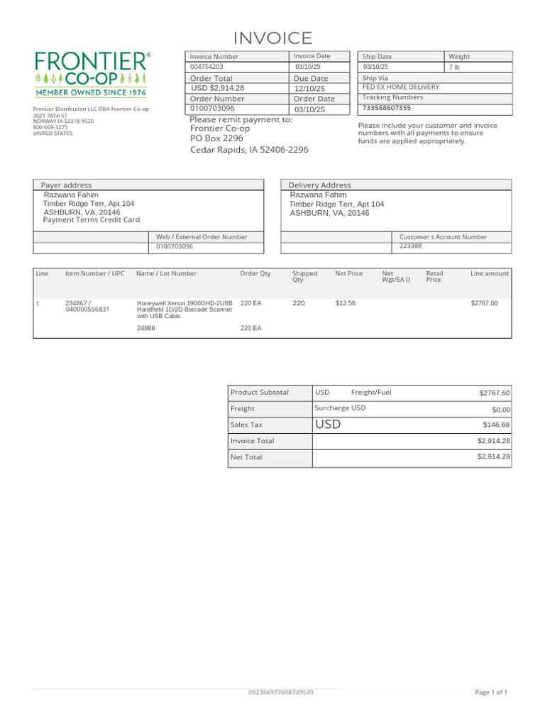 Frontier Co-op Invoice and Shipping Details | PDF | Invoice | Money