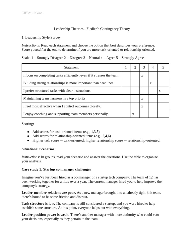 Fiedler's Contingency Theory Guide | PDF | Leadership | Organizational ...