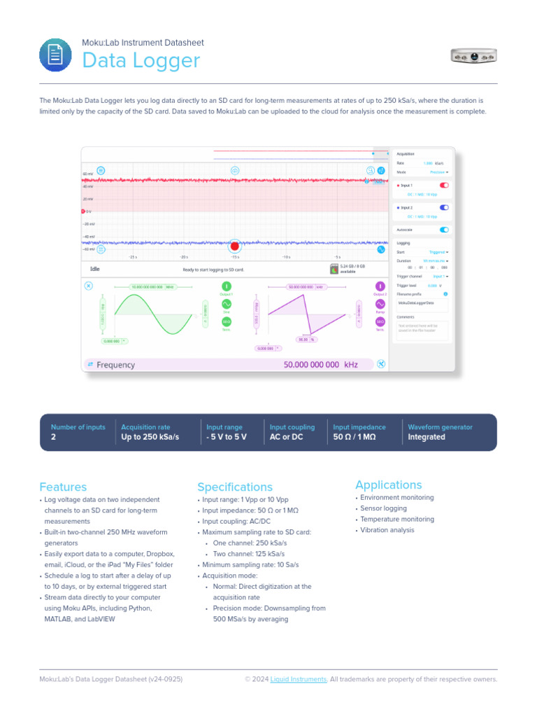 Moku:Lab Data Logger Specs & Features | PDF