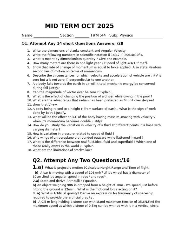 Physics Midterm Exam Questions 2025 | PDF | Velocity | Momentum
