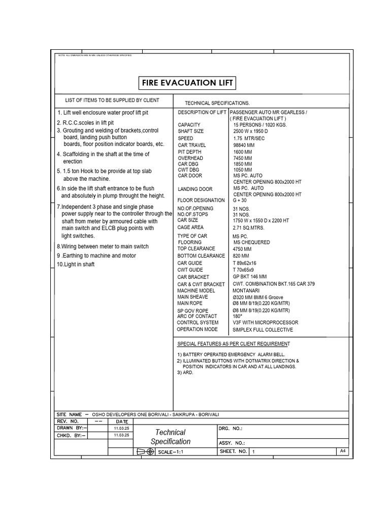 Fire Evacuation Lift Technical Specs | PDF | Elevator | Manufactured Goods