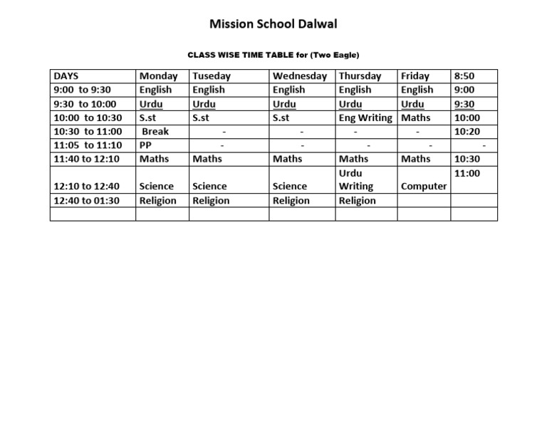Dalwal Mission School Class Timetable | PDF
