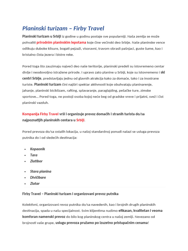 Planinski Turizam - Firby Travel | PDF