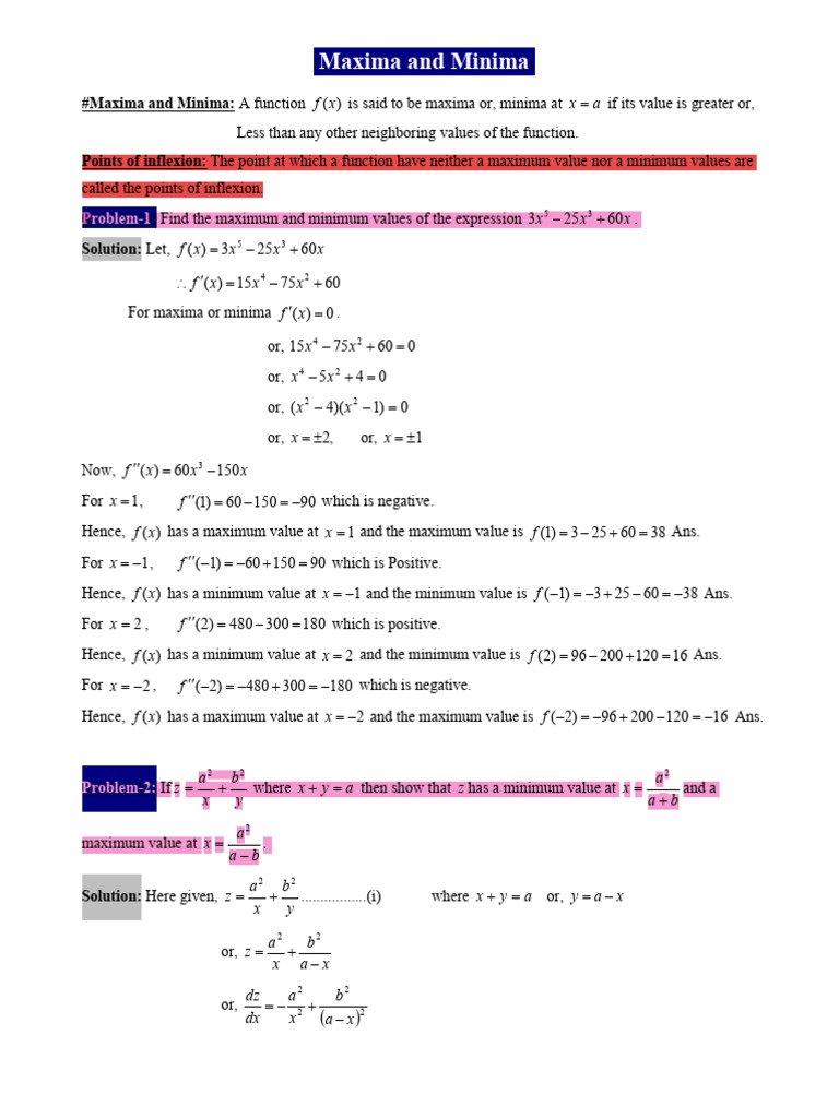 Maxima and Minima in Functions Analysis | PDF | Mathematics ...