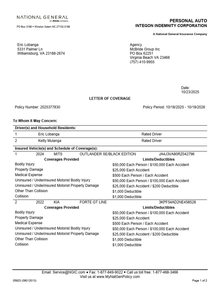 Lobanga, Eric Auto NG Ltr of Cov 23 Oct 25 | PDF | Insurance | Health ...