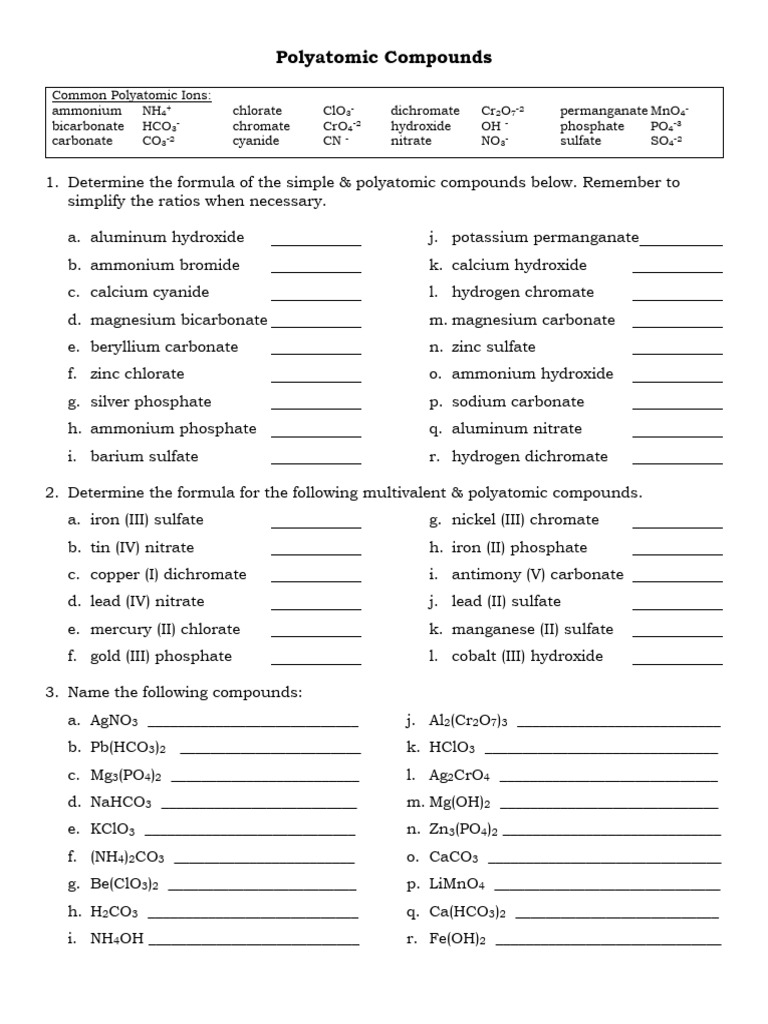 6 - Polyatomic Compounds Worksheet | PDF | Hydroxide | Ammonium