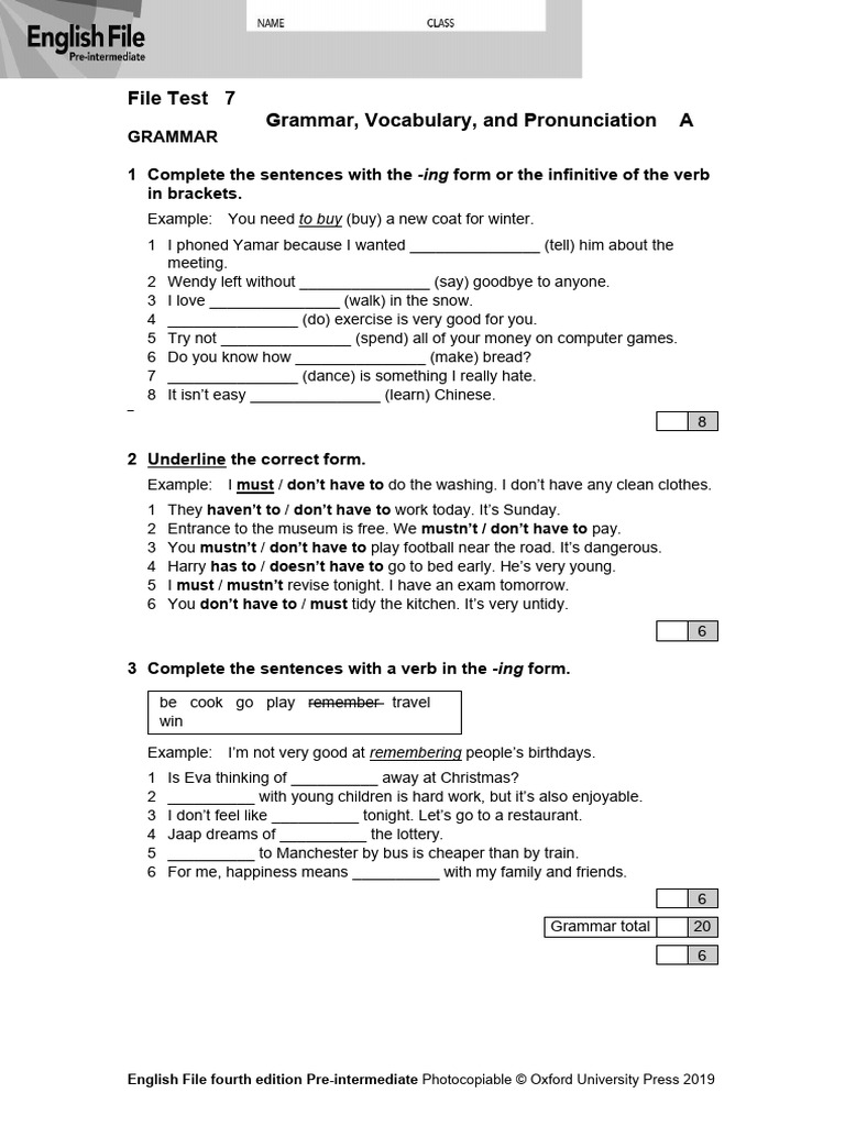 English File Pre-Intermediate Test 7 | PDF