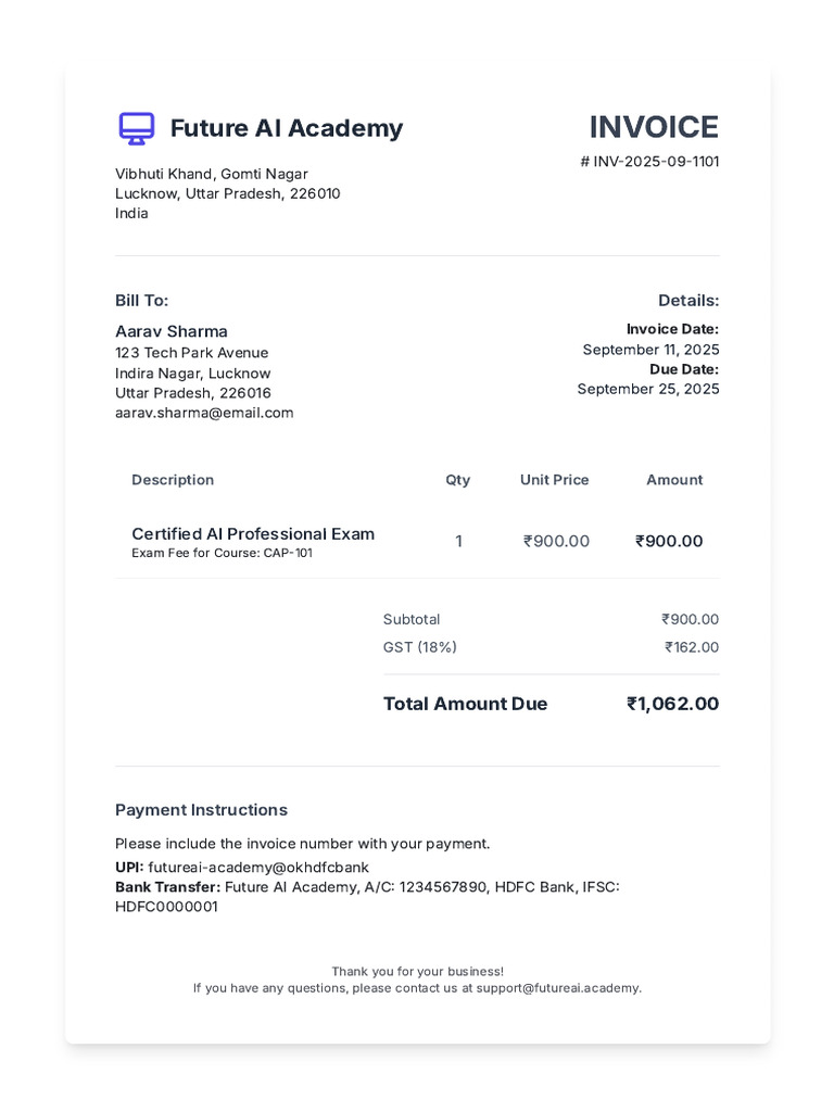 Invoice for Certified AI Exam Fee | PDF