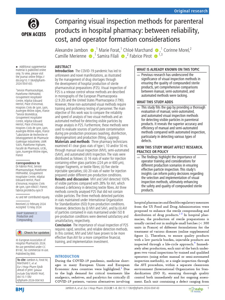 Visual Inspection Methods for Parenterals | PDF | Pharmaceutical ...