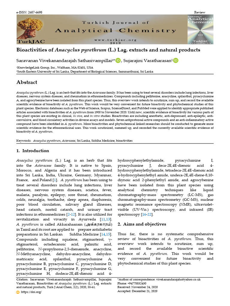 Bioactivities of Anacyclus pyrethrum Extracts | PDF | Dose ...