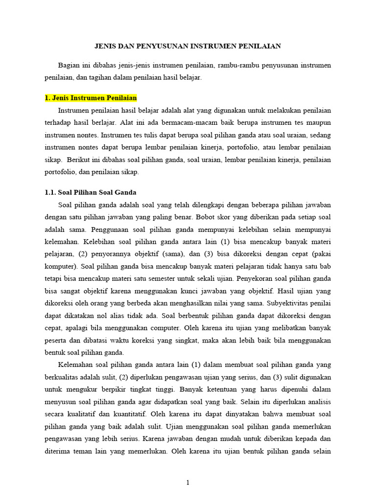Jenis Instrumen Penilaian Hasil Belajar | PDF