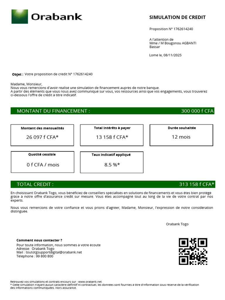 Simulation de Crédit Orabank Togo | PDF | Crédit | Finance et gestion ...