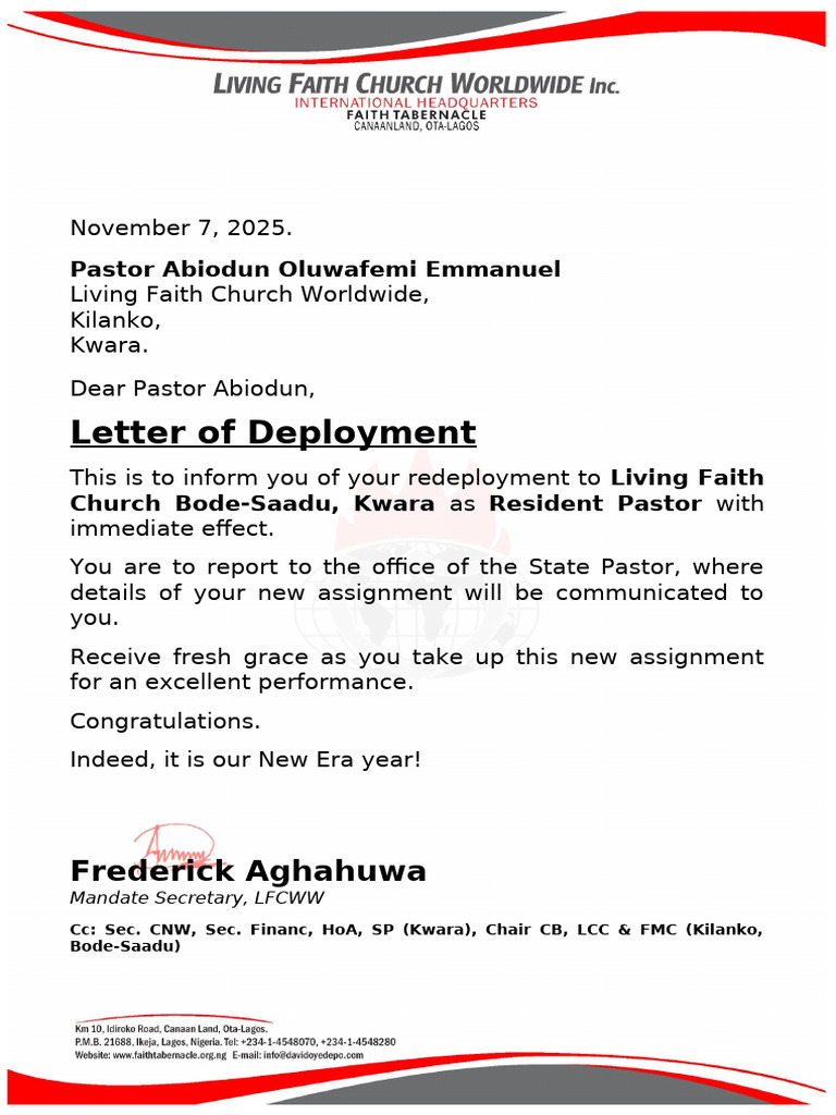 Letter of Deployment - Abiodun Oluwafemi Emmanuel - Kilanko | PDF