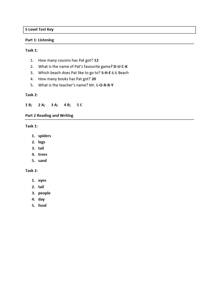 S Level Listening and Reading Test Key | PDF