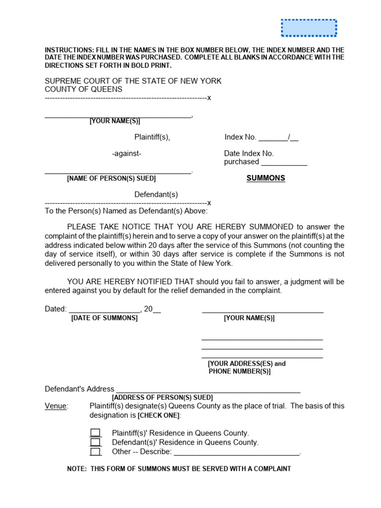 New York Supreme Court Summons Template | PDF | Summons | Complaint