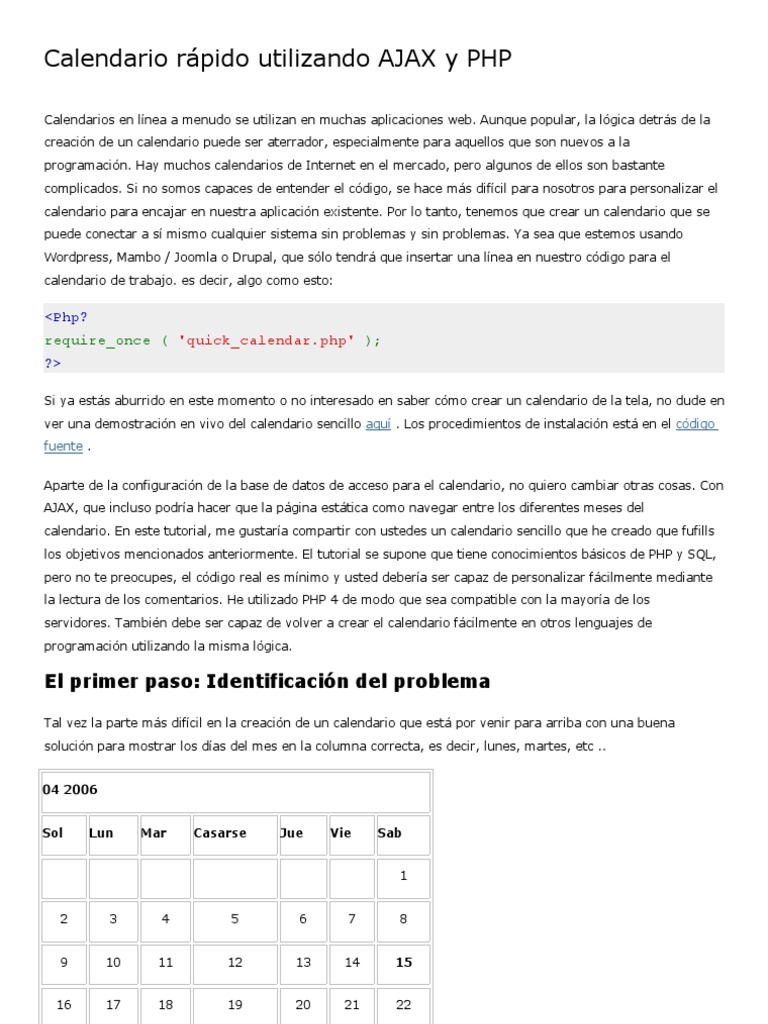 Calendario AJAX y PHP Simplificado | PDF | Ajax (Programación) | Php