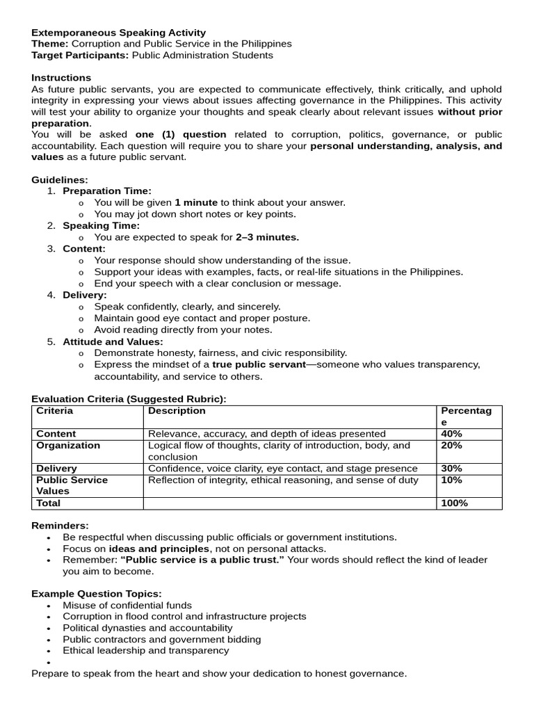 Extemporaneous Speaking Activity | PDF | Thought | Integrity