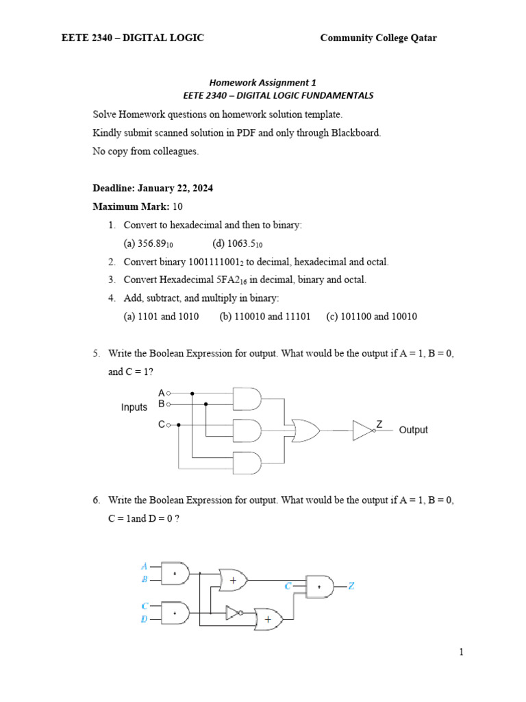 EETE 2340 Digital Logic Homework 1 | PDF