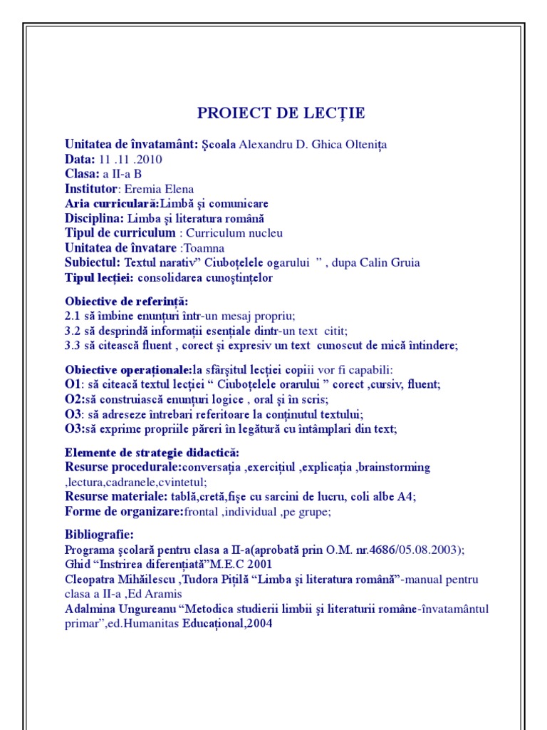 4 Proiect De Lectie Clasa A Ii A B