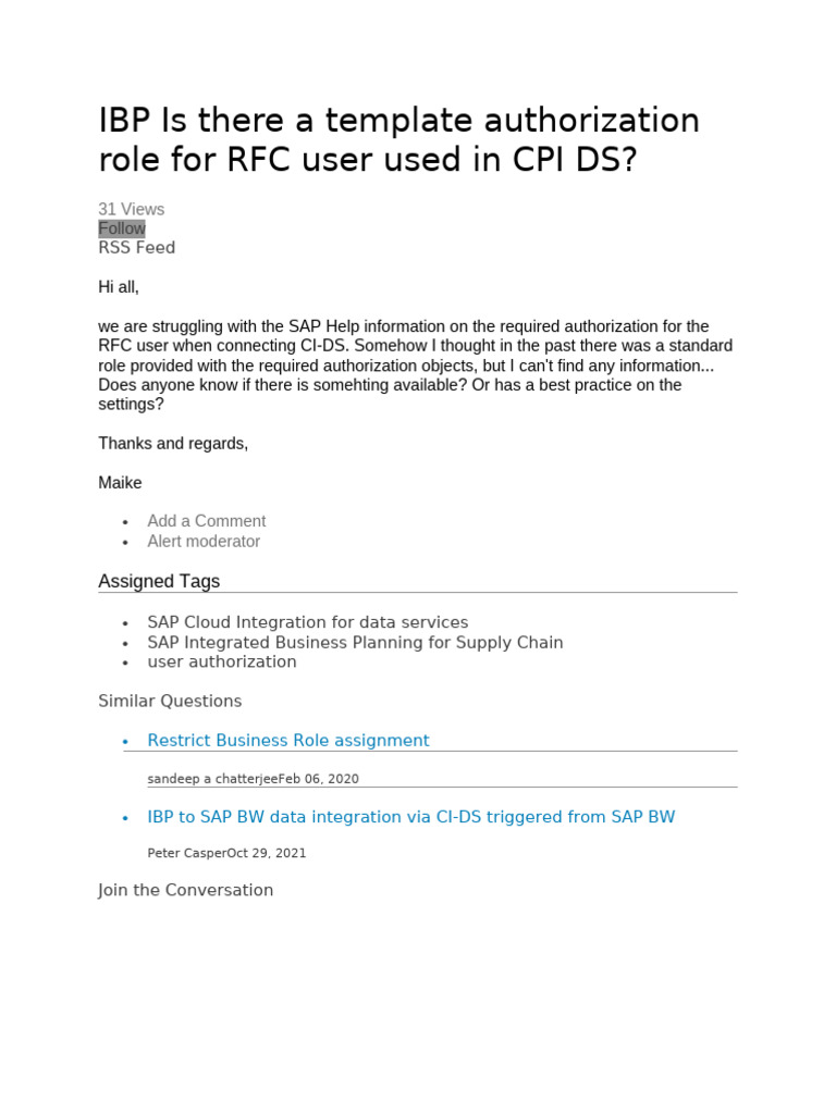 RFC User Authorization for CI-DS in SAP | PDF