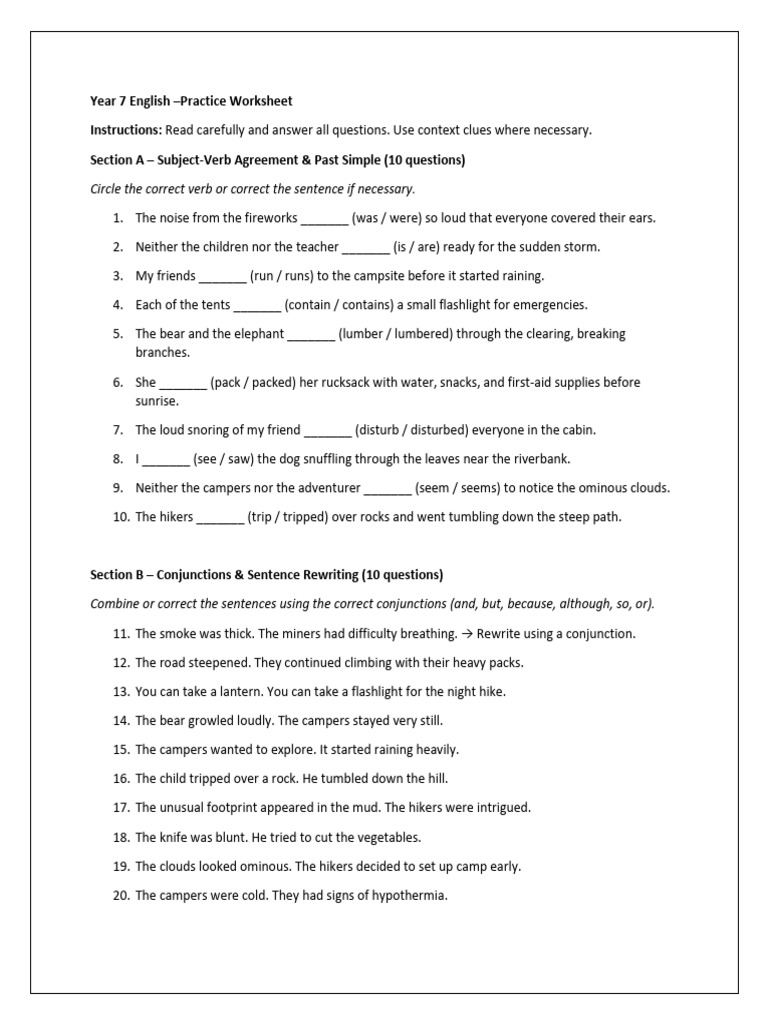 Year 7 English Worksheets