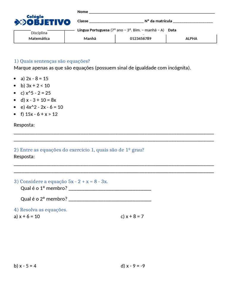 Prova Adaptada Do Aluno Benicio - (P1) de Matemática - 1º Bimestre - 7 ...