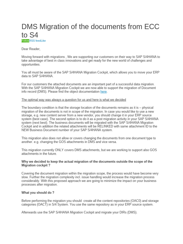 DMS Migration to SAP S/4HANA Guide | PDF | Computing | Information ...
