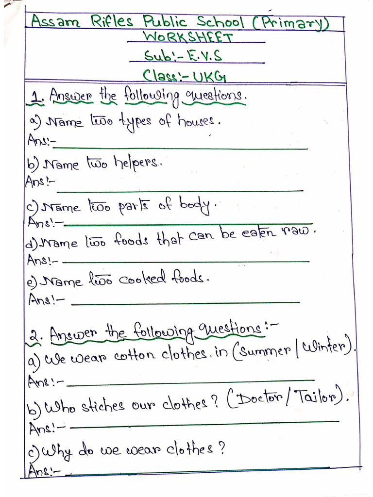 Evs Worksheet Ukg Pdf