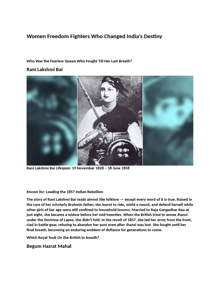 Women Freedom Fighters of India | PDF | Indian Rebellion Of 1857 ...