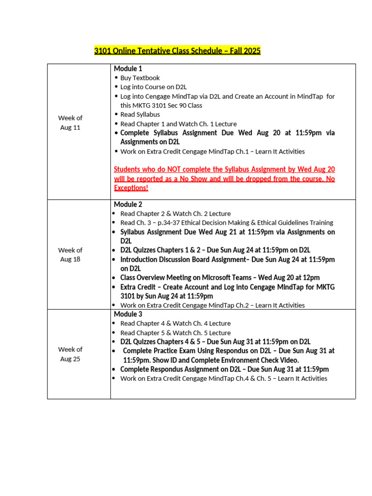 3101 Online Tentative Class Schedule 8.7.25 | PDF
